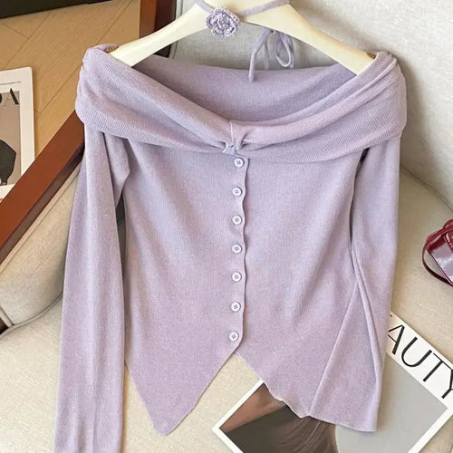 Load image into Gallery viewer, Spring Women&#39;s Purple Blue Off Shoulder Festival Irregular Cardigan Sweater Korean Fashion Beige Single Breasted Short Knit Tops
