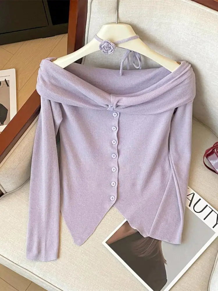 Spring Women's Purple Blue Off Shoulder Festival Irregular Cardigan Sweater Korean Fashion Beige Single Breasted Short Knit Tops