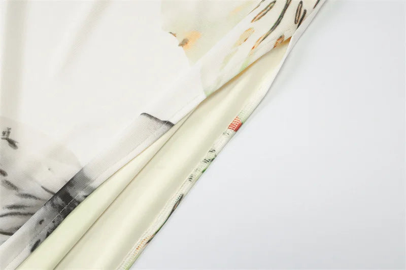 Mesh Print Skirt Two Piece Sets Women Halter Backless Tank Tops And Maxi Skirt Female Slim Summer Split Dress Sets