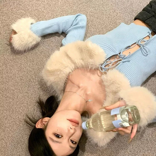 Load image into Gallery viewer, French Fashion Women Blue Long Sleeve Knitted Sweater 2024 New Autumn Winter Ladies Red Hairy Neck Lace-up Cardigan Tops Popular
