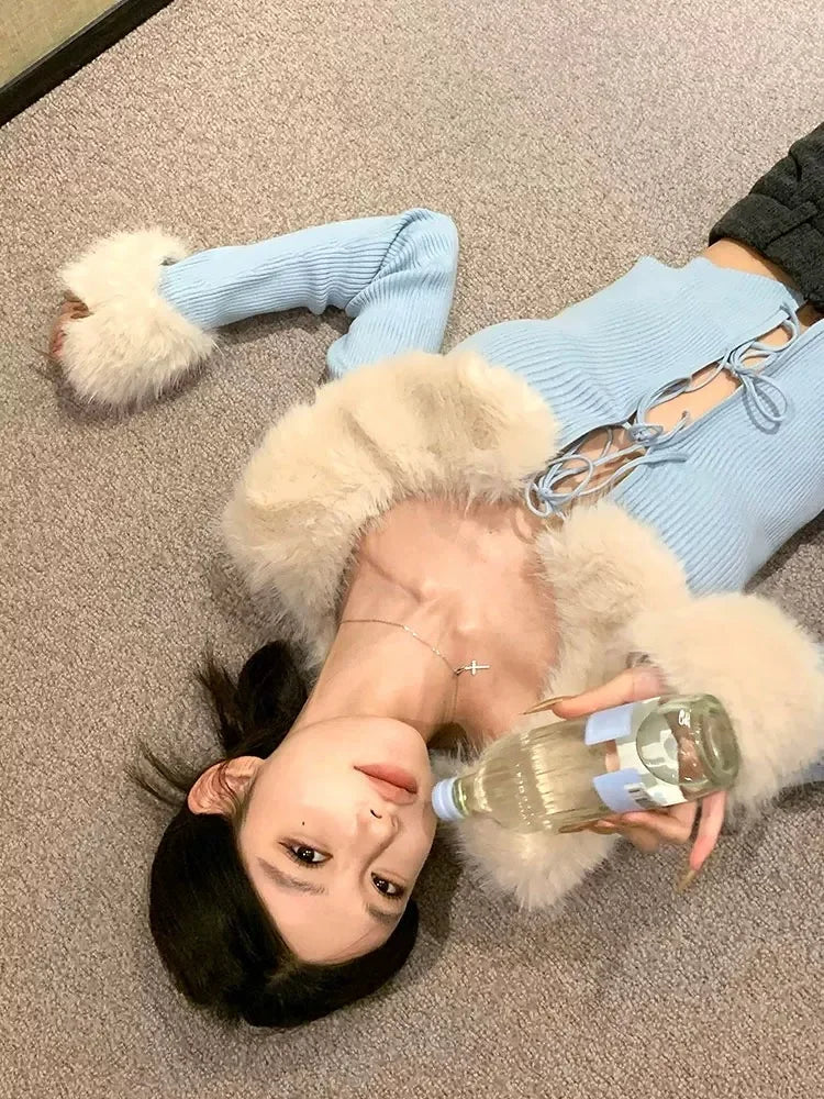 French Fashion Women Blue Long Sleeve Knitted Sweater 2024 New Autumn Winter Ladies Red Hairy Neck Lace-up Cardigan Tops Popular