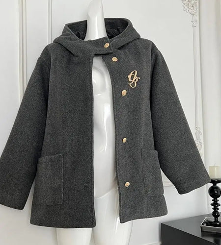 Korean Fashion Women's Grey Single Breasted Hooded Short Woolen Coat Chic Autumn Winter Elegant Loose Jackets 2024 Popular Trend