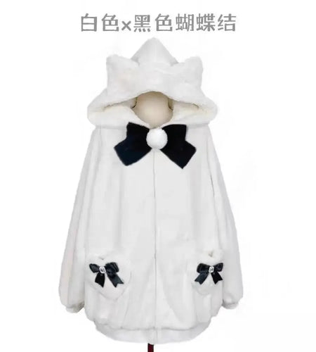 Japanese Coat Winter Women Clothing Streetwear Thicked Furry Bow Thicked Outwear Y2k Tops 2024 Ropa Mujer Hooded Casual Jackets