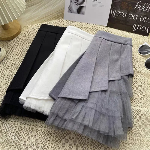 Load image into Gallery viewer, Korean 2024 Spring Summer Women Black Mesh Patchwork High Waist Mini Skirt White Sexy Club Girl Party A-line Pleated Short Skirt
