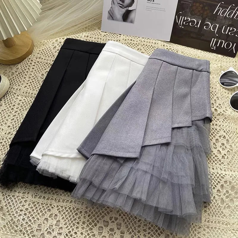 Korean 2024 Spring Summer Women Black Mesh Patchwork High Waist Mini Skirt White Sexy Club Girl Party A-line Pleated Short Skirt