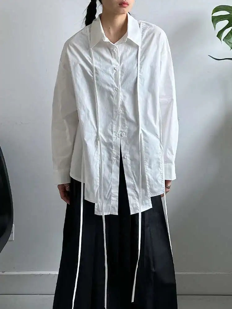 Women White Irregular String Slit Big Size Blouse New Lapel Long Sleeve Shirt Fashion Tide Spring Autumn 2025 1DJ0302