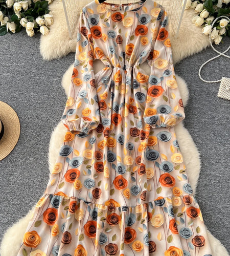 Vintage Women Yellow Flower Elegant Round Neck High Waist Party Dresses French Long Sleeve Slim Vacation Dress 2025 Autumn Boho