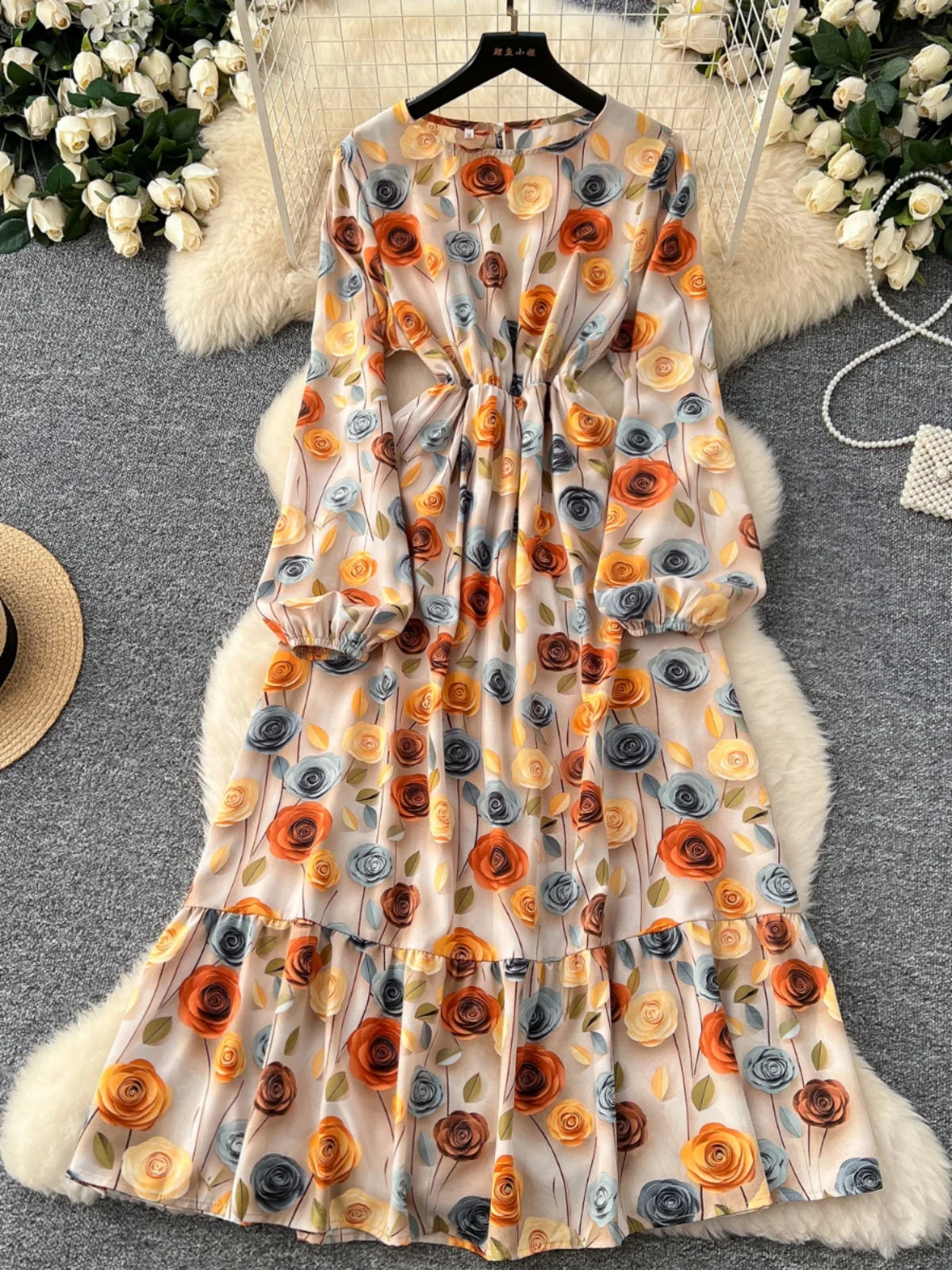 Vintage Women Yellow Flower Elegant Round Neck High Waist Party Dresses French Long Sleeve Slim Vacation Dress 2025 Autumn Boho