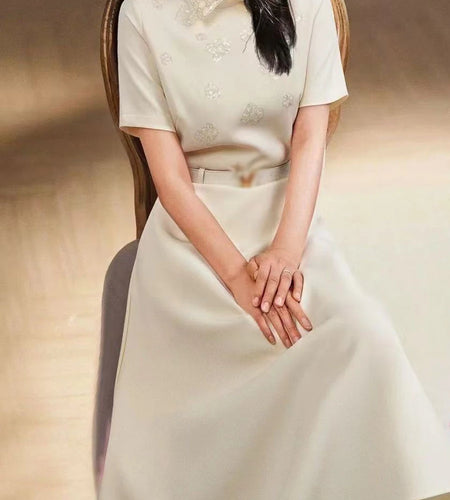 Solid Spliced Bead Casual Dresses for Women Lapel Short Sleeves Tunic Temperament Dress Female Fashion Clothing New