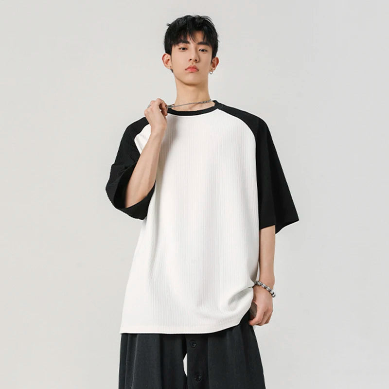 Men's T-shirts Short Sleeve New Summer Pinstripe Splicing Trendy Pullover Trendy Two Color Design Male Casual Tops 9W1933