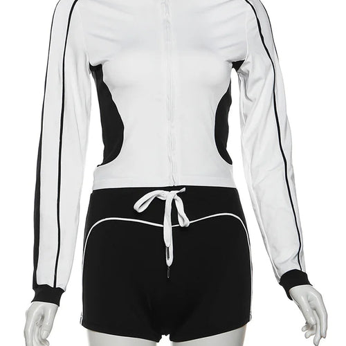 Load image into Gallery viewer, Casual Sporty 2piece Set Women Fall Trend Zip Hipster Patchwork Crop Jacket+Shorts Matching Classic Tracksuit Outfits
