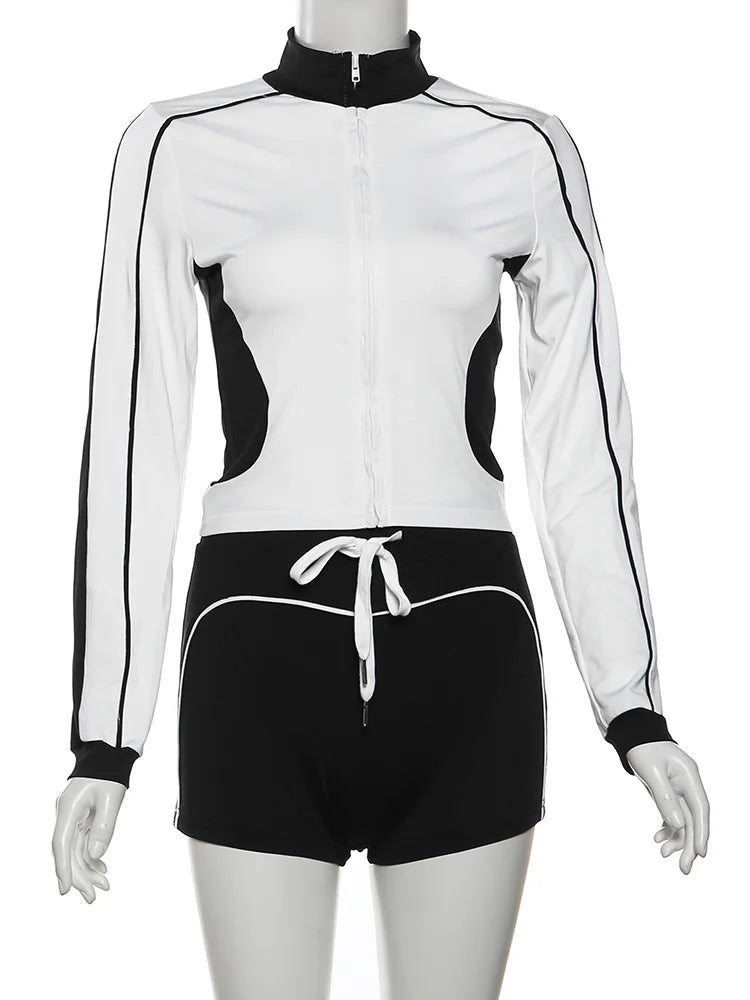 Casual Sporty 2piece Set Women Fall Trend Zip Hipster Patchwork Crop Jacket+Shorts Matching Classic Tracksuit Outfits