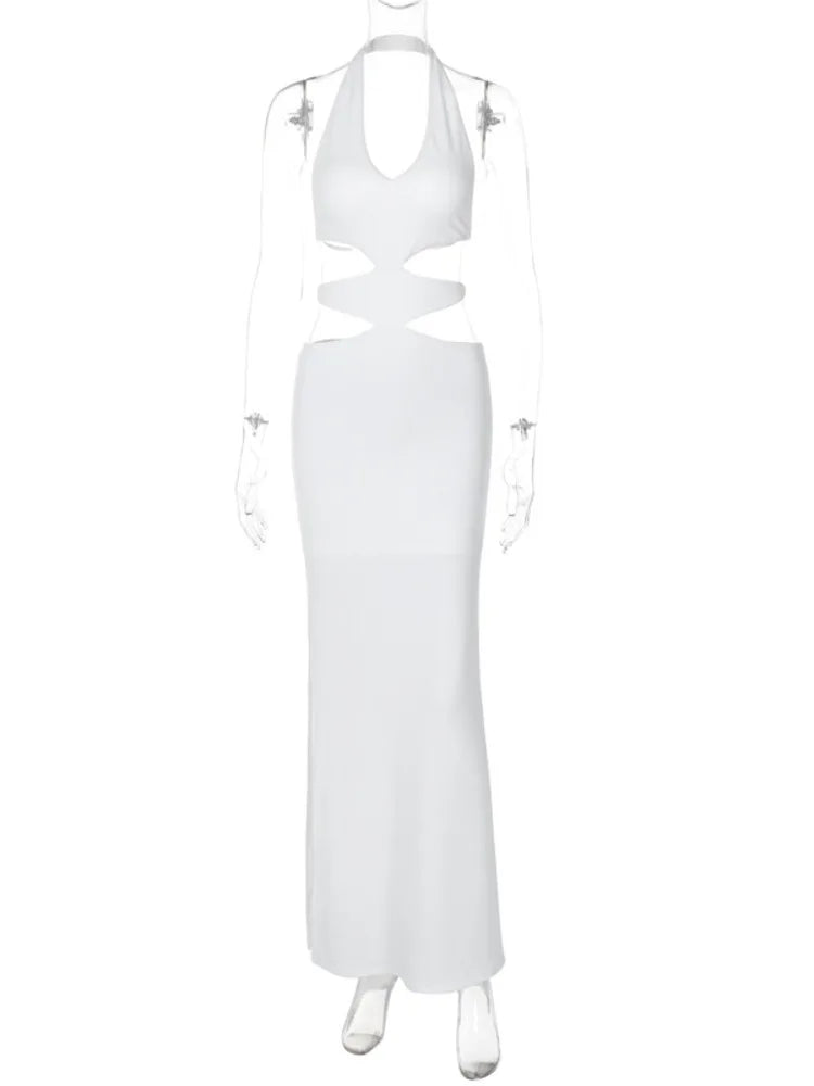 Elegant Hanging Neck Hollow Out Tight Long Dress For Women 2024 Summer New Sexy Backless Dress Party Club Evening Dress