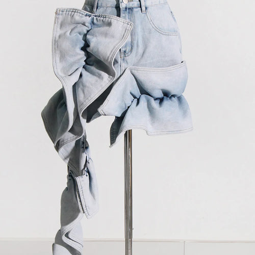 Load image into Gallery viewer, Patchwork Ruffles Asymmetrical Denim Skirts For Women High Waist Spliced Pockets Streetwear Slimming Bodycon Skirt Female
