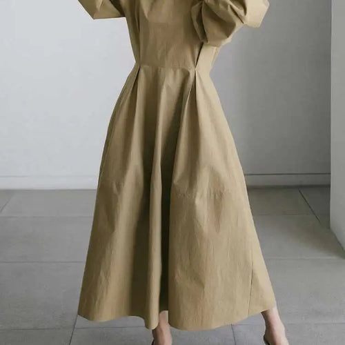 Load image into Gallery viewer, Women Kahki Elegant Big Size Long Dress New V-Neck Long Lantern Sleeve Loose Fit Fashion Tide Spring Autumn 2025  1DH0488
