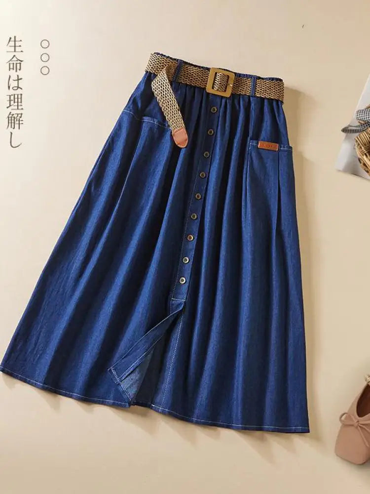 Denim Skirt Women Summer A-line High Waist Medium Length Belt Lace Up 2022 Knee Length Young Beautiful Casual Skirts Female