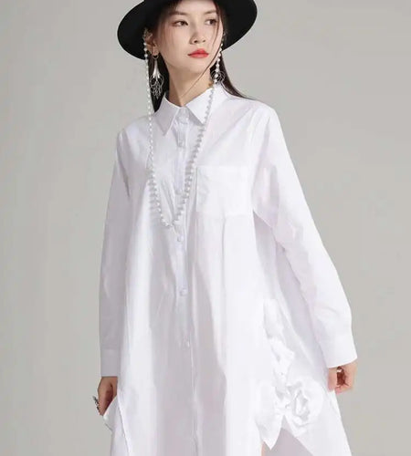 Women White Black Side Flower Big Size Long Blouse New Lapel Long Sleeve Shirt Fashion Tide Spring Autumn 2025 1DH4780