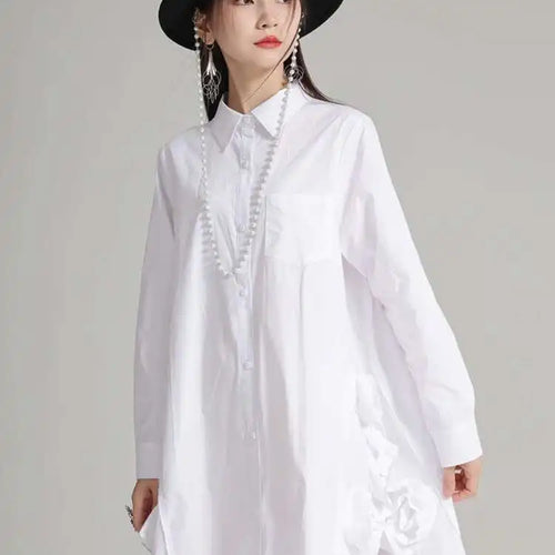 Load image into Gallery viewer, Women White Black Side Flower Big Size Long Blouse New Lapel Long Sleeve Shirt Fashion Tide Spring Autumn 2025 1DH4780

