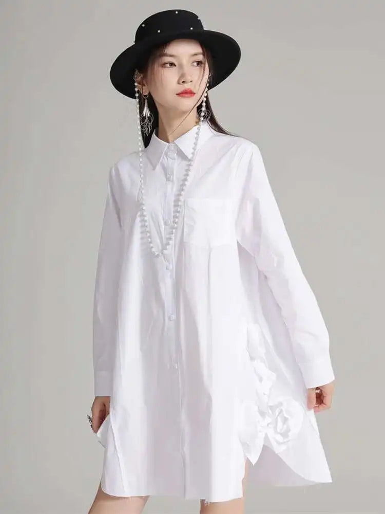 Women White Black Side Flower Big Size Long Blouse New Lapel Long Sleeve Shirt Fashion Tide Spring Autumn 2025 1DH4780