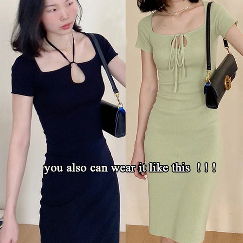 Load image into Gallery viewer, Summer New Street Style Solid Color All-Match Halter Neck Short-Sleeved Dresses Women Elastic Tight Bodycon Maxi Dresses C-001
