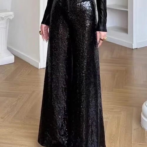 Load image into Gallery viewer, Slimming Spliced Sequins Fashion Long Pants for Women High Waist Patchwork Zipper Wide Leg Pant Female Clothing New
