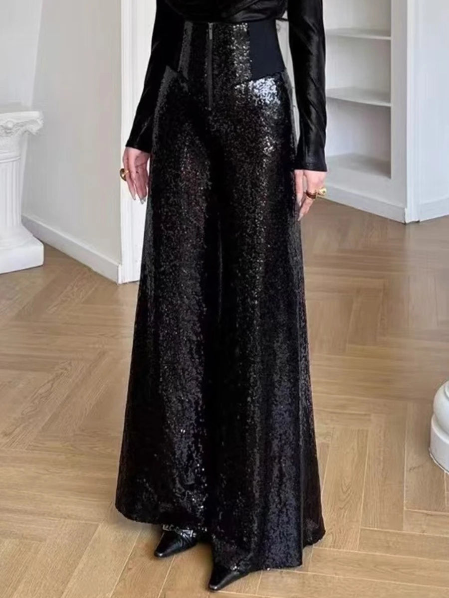 Slimming Spliced Sequins Fashion Long Pants for Women High Waist Patchwork Zipper Wide Leg Pant Female Clothing New