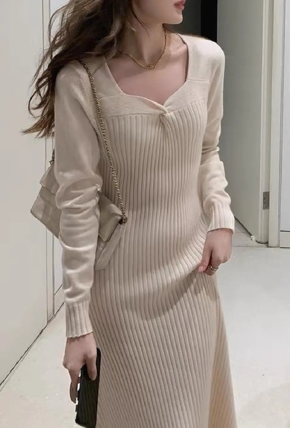 Vintage Solid Festival Slim Long Sleeve Square V Neck Midi Dress 2023 Fall Winter Evening Party Elegant Dress Simplicity Popular