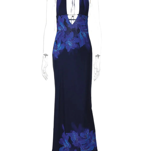 Load image into Gallery viewer, Deep V Neck Print Sexy Maxi Dress Women Gown Blue Halter Sleeveless Backless High Waist Split Long Dress Clubwear

