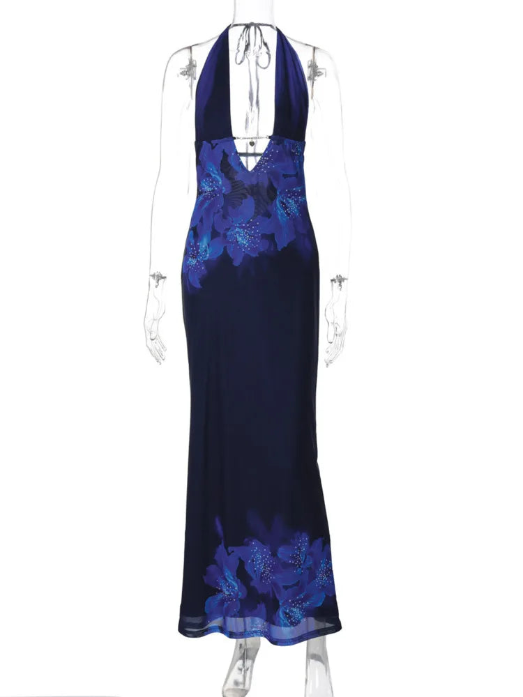 Deep V Neck Print Sexy Maxi Dress Women Gown Blue Halter Sleeveless Backless High Waist Split Long Dress Clubwear