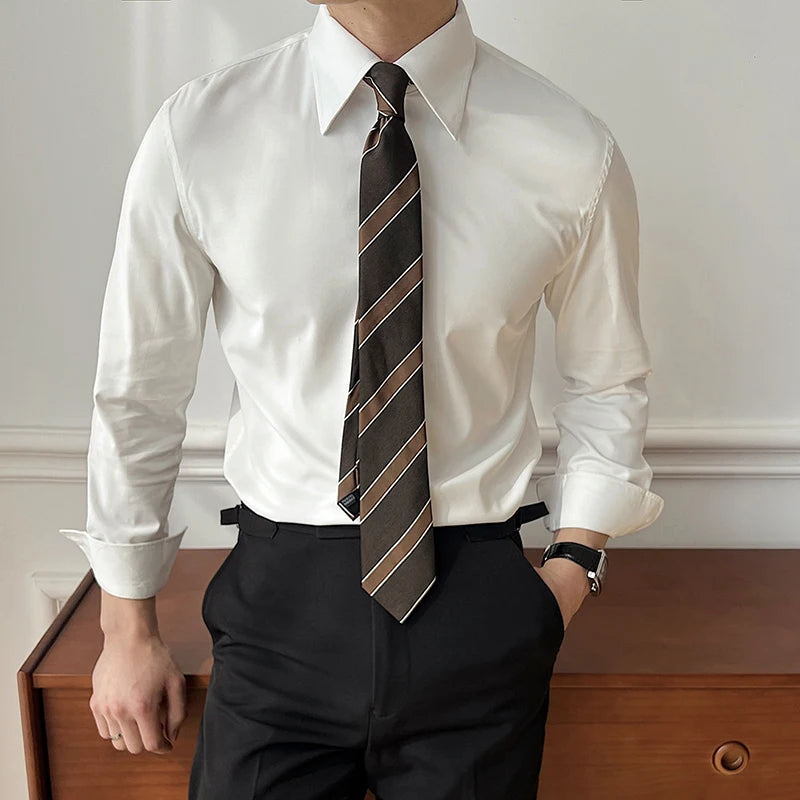 Men's Business Long Sleeved Shirts New Korean Style Solid Color Simple Trendy Lapel Loose Male Handsome Clothing 9W1874