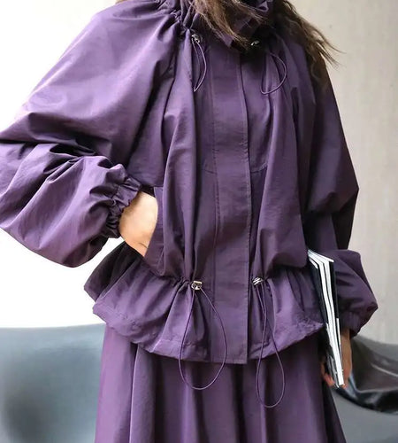 Purple Drawstring Big Size Casual Jacket New Stand Collar Long Sleeve Women Coat Fashion Tide Spring Autumn 2025 1DH6530