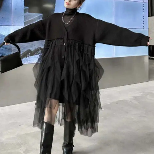 Load image into Gallery viewer, Women Black Big Size Knitting Mesh Irregular Sweater Dress New V-Neck Long Sleeve Fashion Spring Autumn 2025 1DH2366
