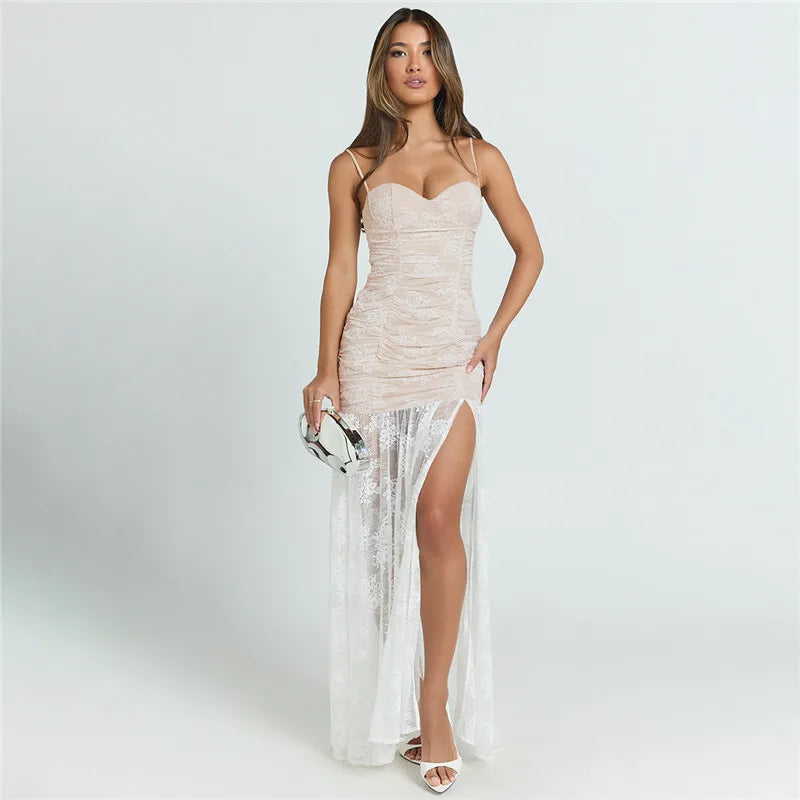 Spaghetti Strap Lace Sexy Maxi Dress For Women Gown Black Sleeveless Backless Thigh High Split Bodycon Long Dress