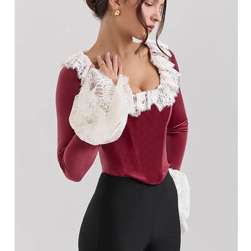 Load image into Gallery viewer, Fashion Lace Lace Korean Velvet Patchwork Elastic Tight Women's Top Sexy Bandage T-shirt Autumn/Winter Long Sleeve 2025
