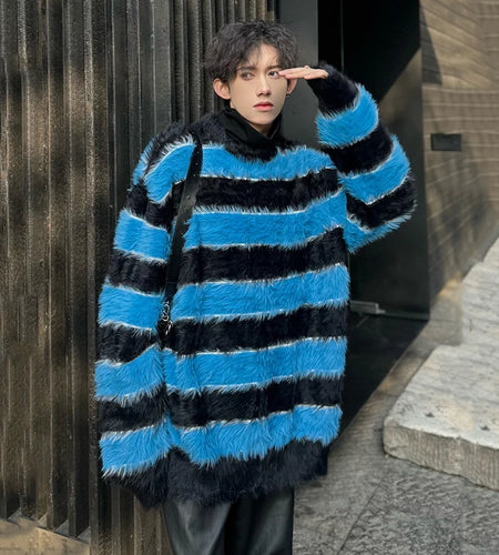Niche Design Men's Sweaters Round Collar Striped Casual Contrast Color Tops Knitting Loose Male Pullover Clothing 9C9369