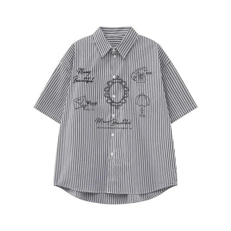 Men's Shirts Short Sleeve Design Korean Personalized Pattern Striped Turn-down Collar Stylish Male Loose Shirt 9W1594