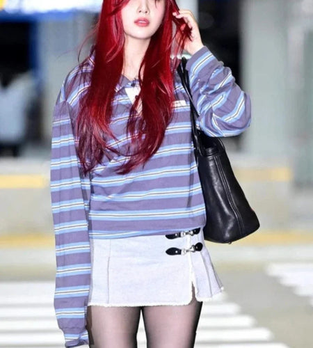 T Shirts Women Streetwear Vintage Striped Tshirts Y2k Tops Fashion Casual Tees Drawstring Loose Camisetas Korean T-shirt