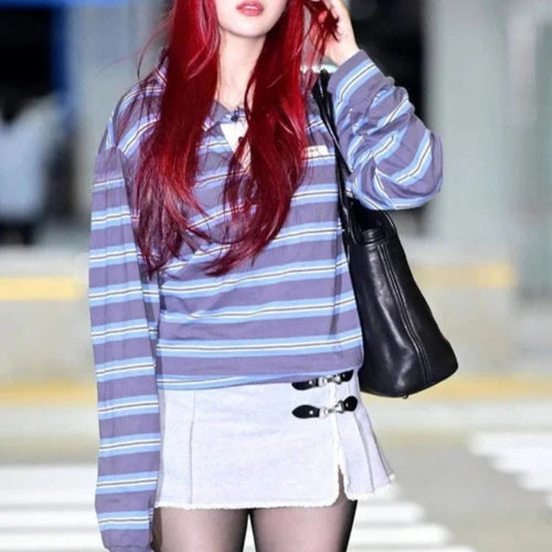 Load image into Gallery viewer, T Shirts Women Streetwear Vintage Striped Tshirts Y2k Tops Fashion Casual Tees Drawstring Loose Camisetas Korean T-shirt
