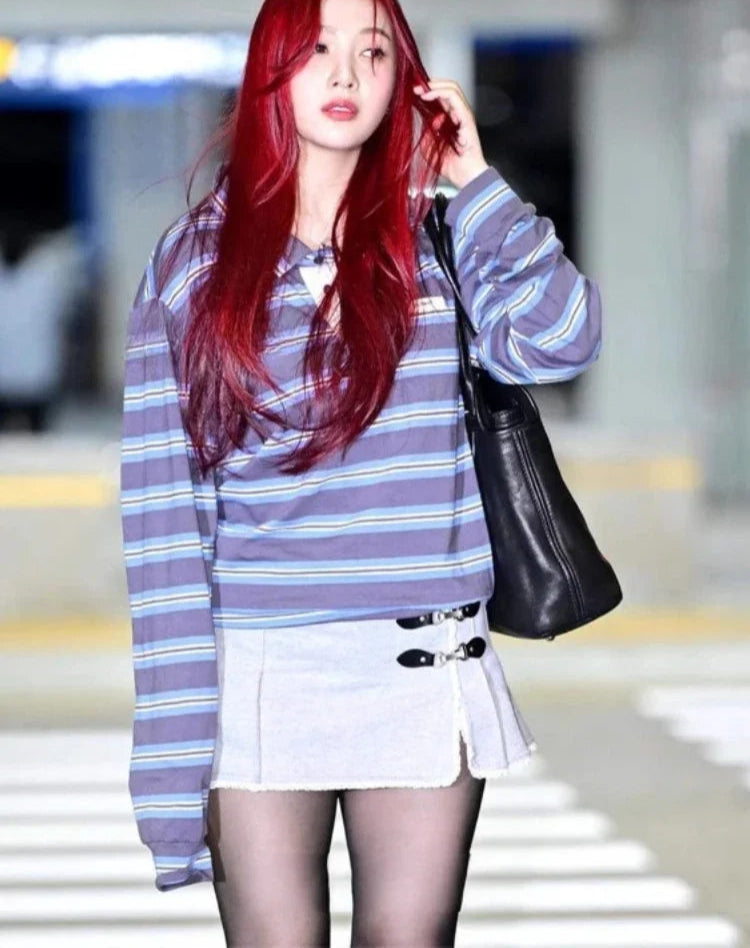 T Shirts Women Streetwear Vintage Striped Tshirts Y2k Tops Fashion Casual Tees Drawstring Loose Camisetas Korean T-shirt