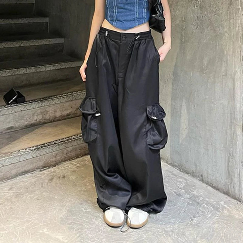 Casual Black Oversized Shirring Cargo Pants Female Big Pockets Low Rise Harajuku Basic Wide Leg Trousers Tech Outfits