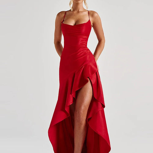 Load image into Gallery viewer, Ruffles Spaghetti Strap Women Maxi Dress Sexy Backless Bandage High Split A-line Long Dresses Elegant Evening Partywear
