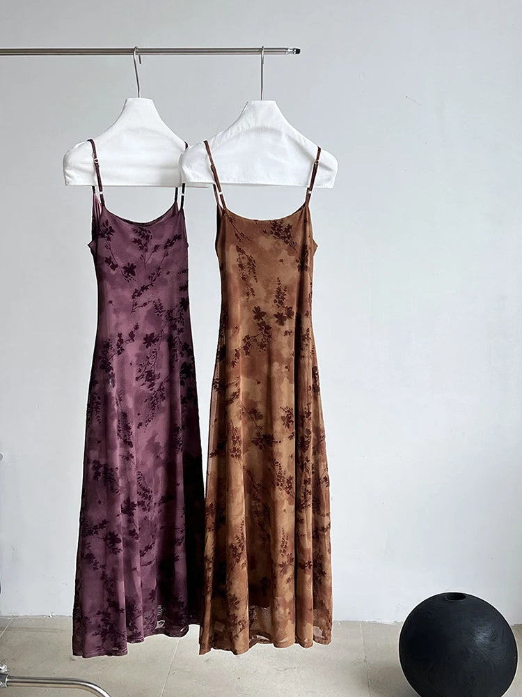 Women Brown Printed Vintage Long Spaghetti Strap Dress New Round Neck Sleeveless Fashion Tide Spring Summer 2025 1DJ0289