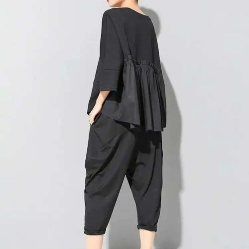 Load image into Gallery viewer, Women Black Back Ruffles Big Size Casual T-shirt New Round Neck Three-quarter Sleeve Fashion Spring Autumn 2025 1DF4682
