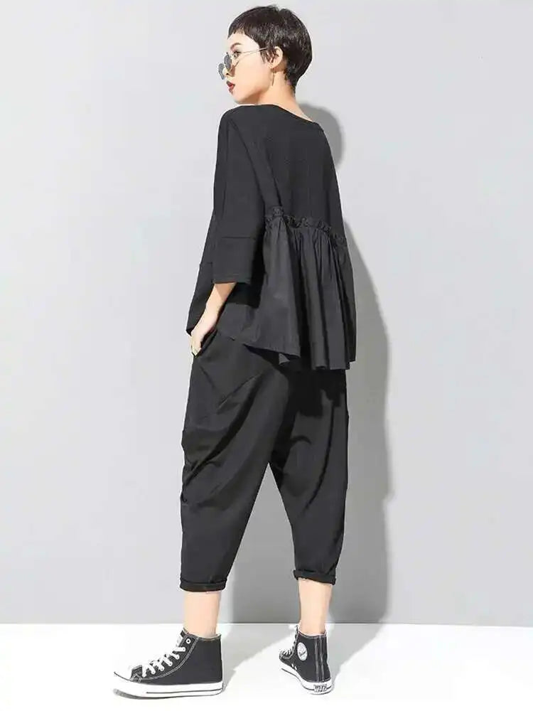 Women Black Back Ruffles Big Size Casual T-shirt New Round Neck Three-quarter Sleeve Fashion Spring Autumn 2025 1DF4682