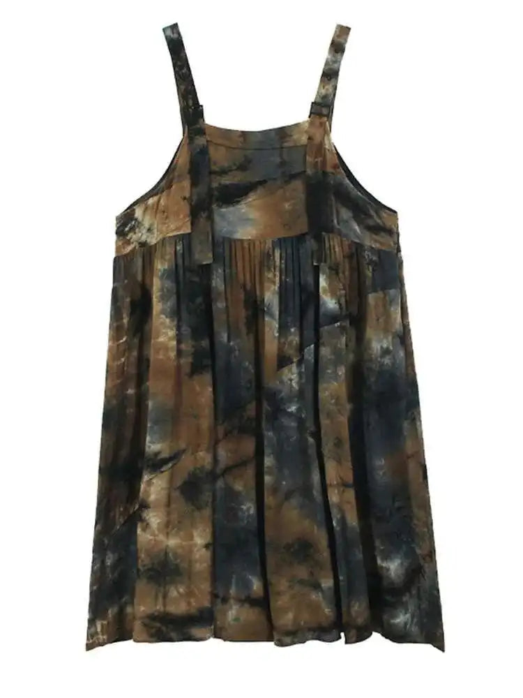 Women Tie Dye Pleated Big Size Casual Strap Dress New Square Collar Sleeveless Fashion Tide Spring Autumn 2025  1DH6611