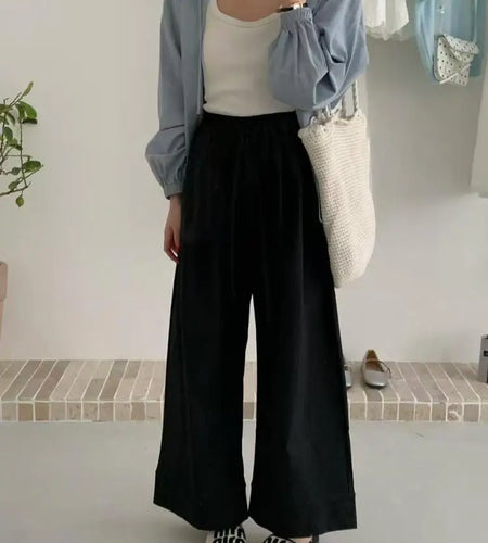 Spring Summer New Solid Drawstring Lace Up Straight Pleated Trousers Women's Fashion Casual Wide Leg Pants Streetwear simplicity