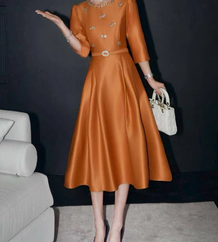 Solid Spliced Beading Elegant Dresses for Women Round Neck Three Quarter High Waist Dress Female Fashion Clothing