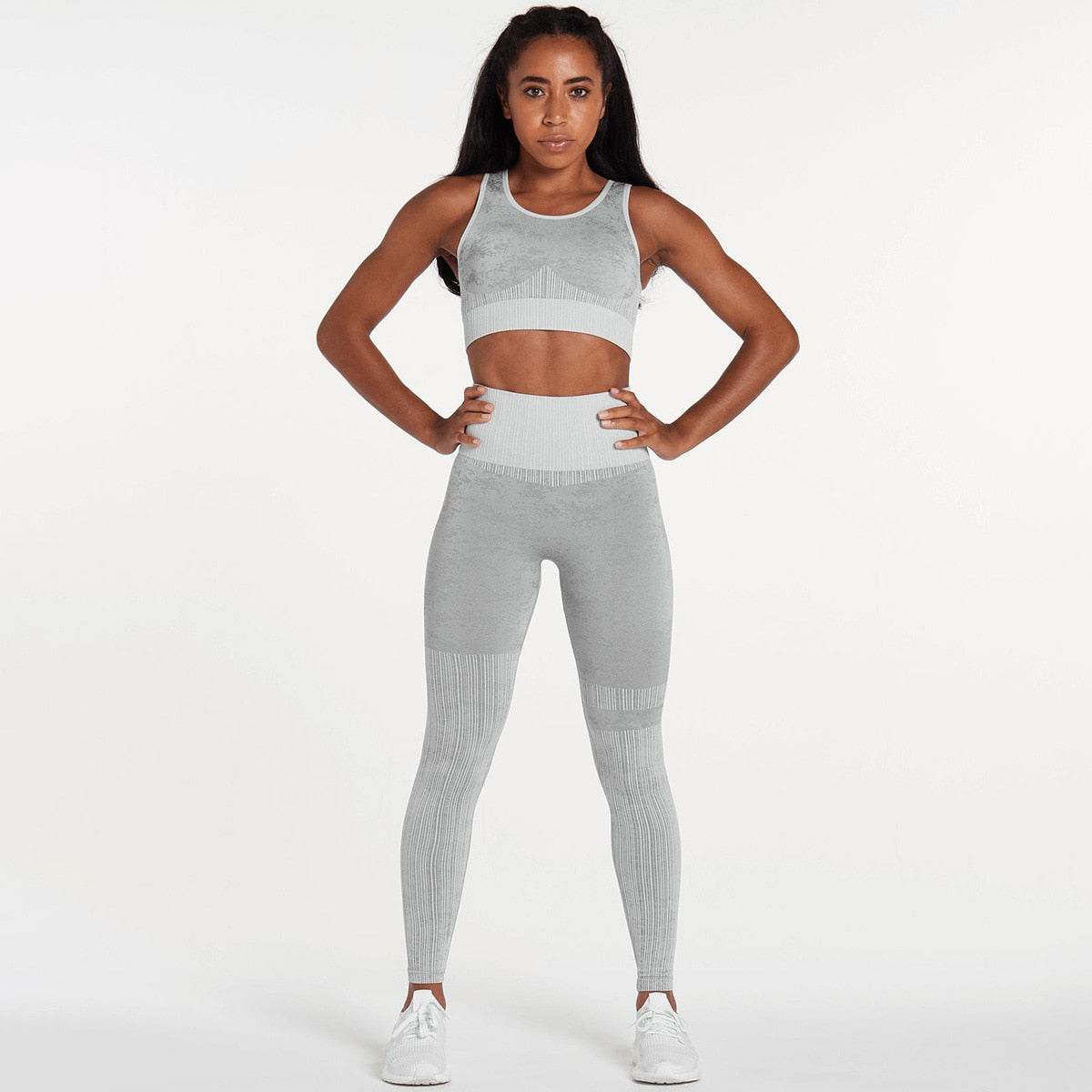 Explosive Three Piece Sports Suit Seamless Quick Dry Bra Long Sleeves Coat Breathable Track Pants Striped Print Gym Set
