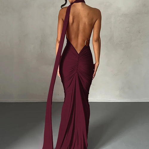 Load image into Gallery viewer, One Shoulder Backless Adjustable Scarf Loop Ruched Sexy Maxi Dress 2025 Women Elegant Y2K Streetwear Festival Outfit
