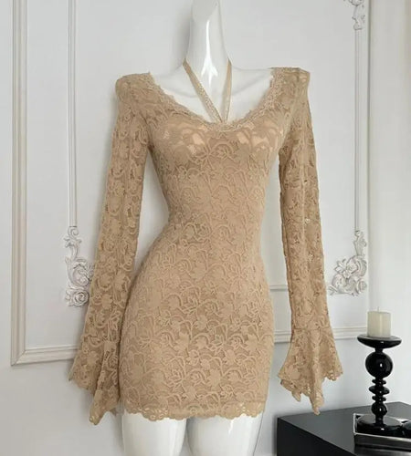 Autumn Ladies Brown Lace V-neck Party Mini Dress French High Waist Sexy Club Elegant Zipper Wrap Hip Pleated Short Dress Popular